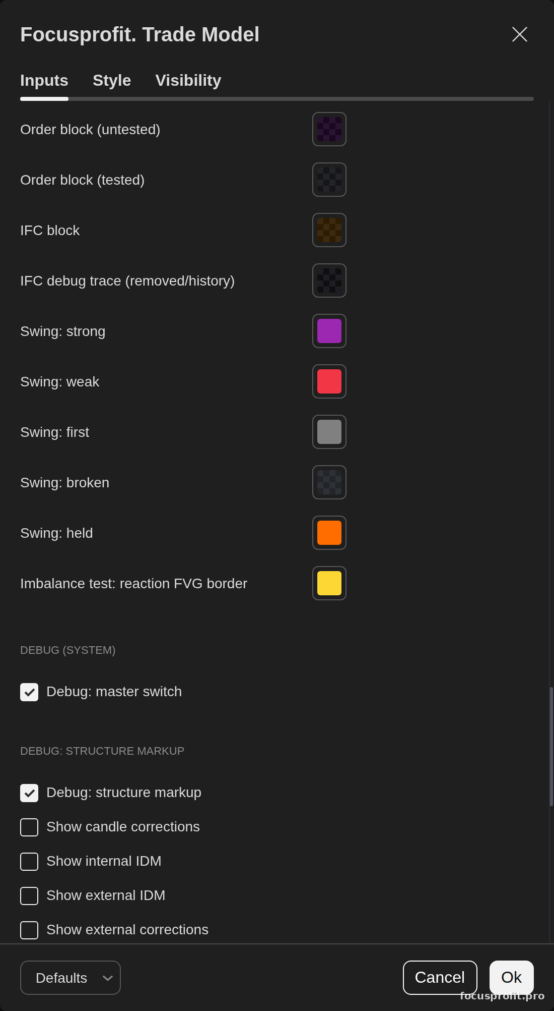 The Trade Model settings dialog, the colour group continued: swings — strong, weak, first, broken and held — and the reaction-imbalance border of an imbalance test